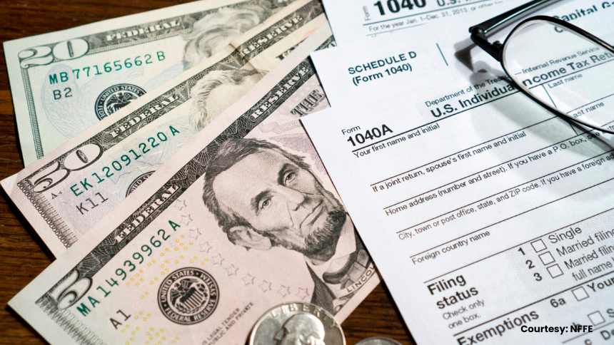 Tax tips: money 1040 forms and a pair of glasses