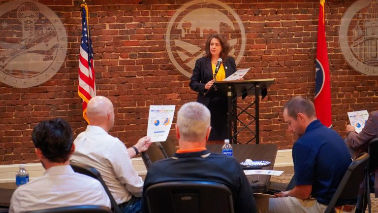 Mayor Indya Kincannon speaks to Knoxville business leaders about proposed half cent sales tax increase